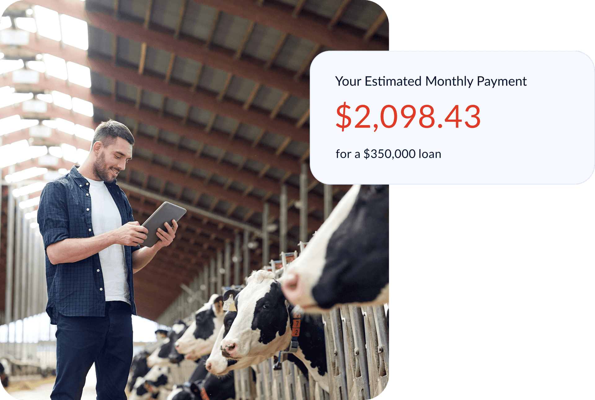 Farmer calculating estimated monthly payment for total loan
